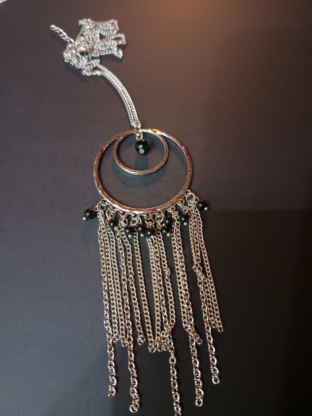 Silver-Tone Double Hoop Necklace with Black Bead Fringe
